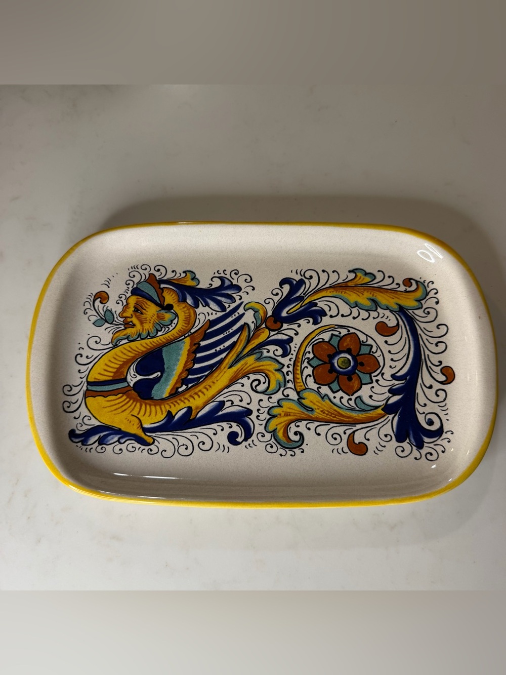 Deruta Hand-Painted Decorative Ceramic Tray - Blue, Yellow, Orange